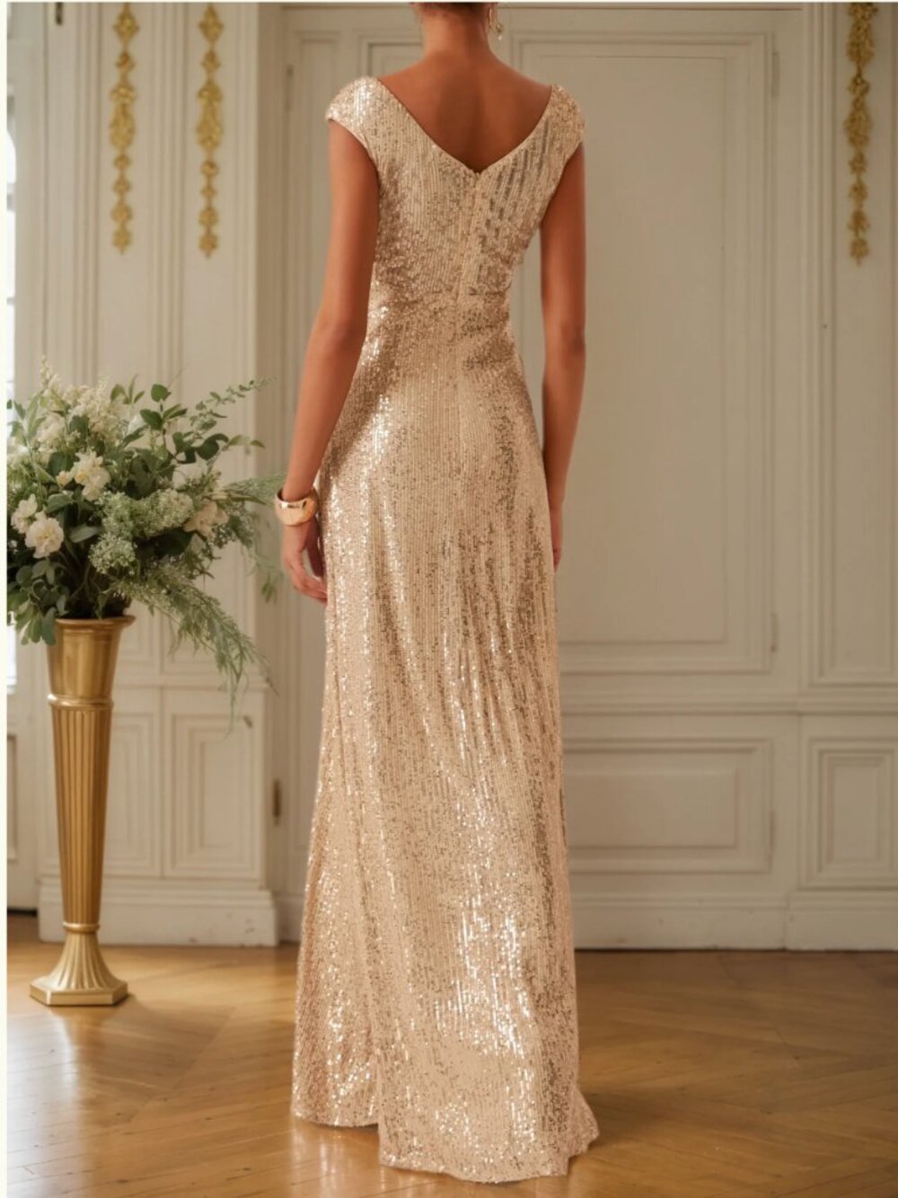 DreamyLily Women Golden Champagne Sequin Sleeveless Long A-line Gown Dress - Picture 5 of 10